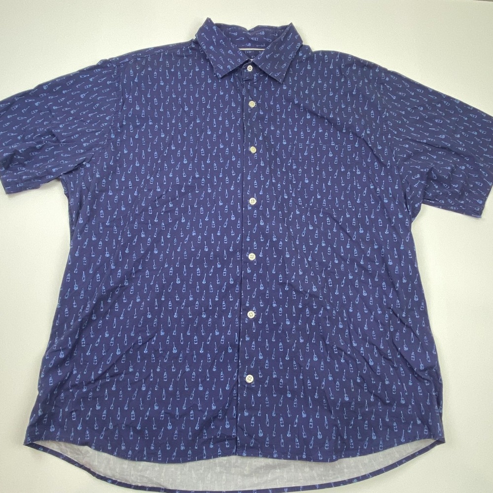 Peter Millar Shirt Mens XL Blue Beer Bottle Guitar Print Short Sleeve Button